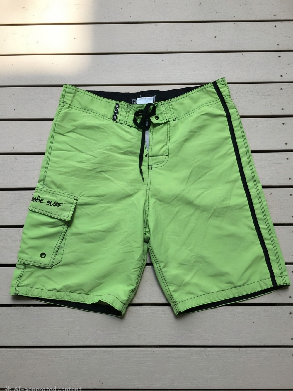 Neon Green Men’s Boardshorts with Side Cargo Pocket